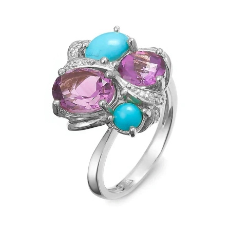 Pierścionek z  ametystem, turkusem i brylantami