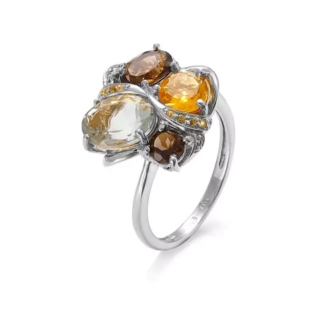 Pierścionek z kwarcem dymnym, ametystem zielonym i cytrynem