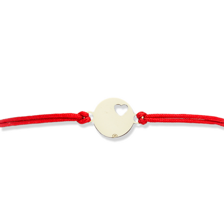 Bransoletka złota na sznurku Au 585 - kółko z wyciętym sercem