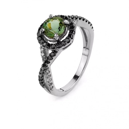Pierścionek z turmalinem i czarnymi oraz koniakowymi  brylantami