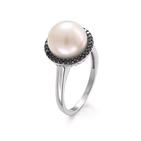 Pierścionek z perłą i czarnymi brylantami