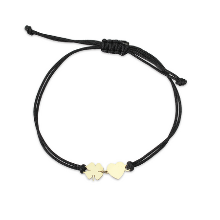 Bransoletka złota na sznurku Au 585 - serce i koniczynka