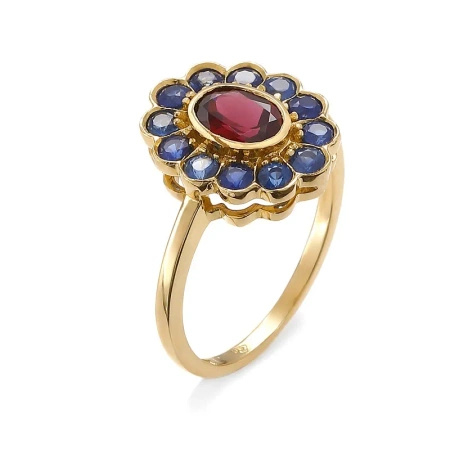 Pierścionek z rodolitem i szafirami