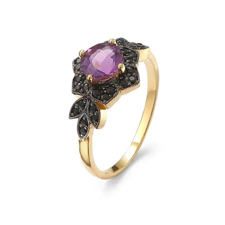 Pierścionek z ametystem i czarnymi brylantami