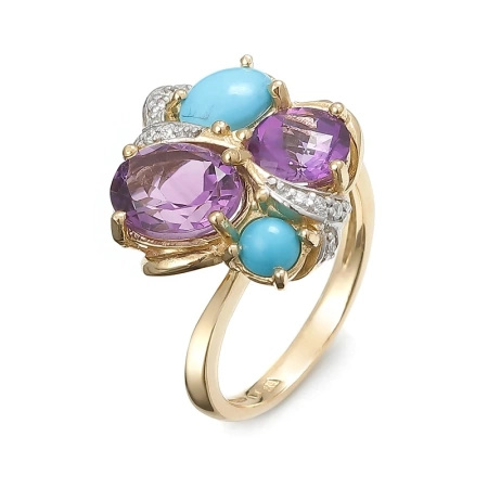 Pierścionek z  ametystem, turkusem i brylantami
