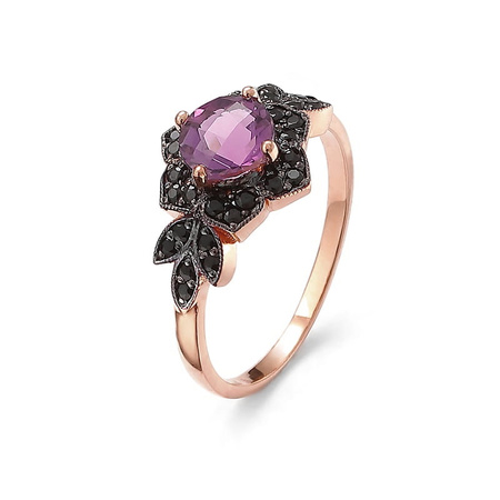 Pierścionek z ametystem i czarnymi brylantami