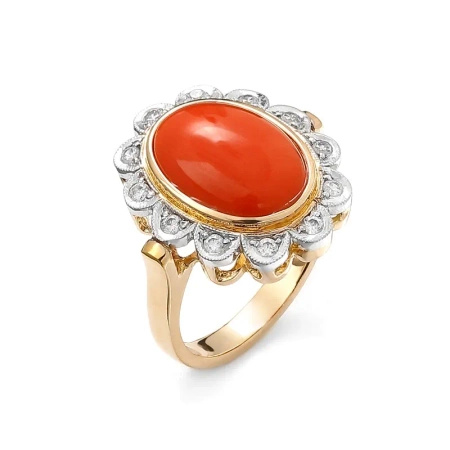 Pierścionek z koralem i brylantami