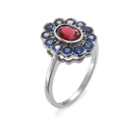 Pierścionek z rodolitem i szafirami