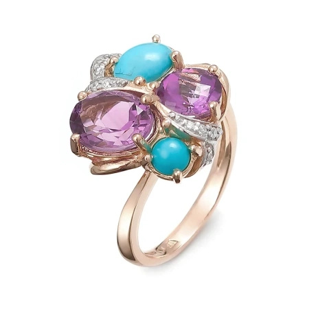 Pierścionek z  ametystem, turkusem i brylantami