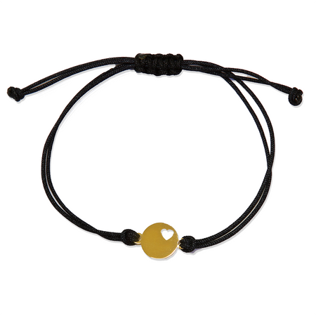 Bransoletka złota na sznurku Au 585 - kółko z wyciętym sercem