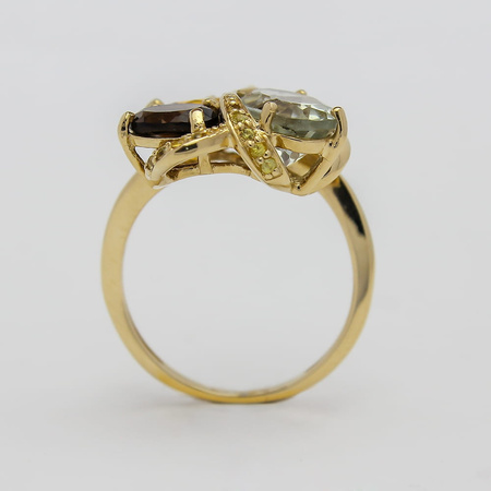 Pierścionek z kwarcem dymnym, ametystem zielonym i cytrynem