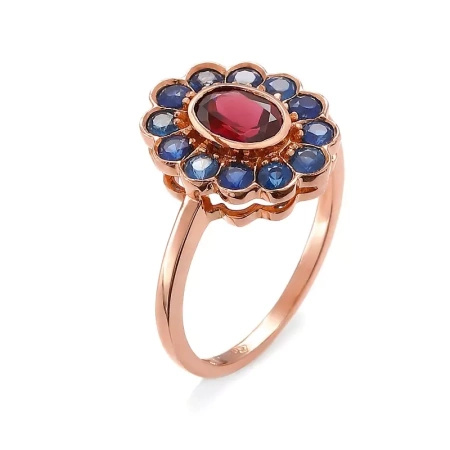 Pierścionek z rodolitem i szafirami